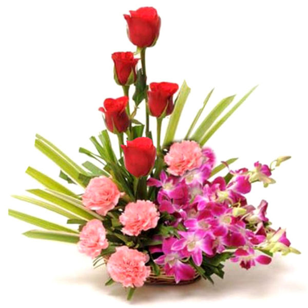 Basket of Orchids; Pink Carnation and Red Roses