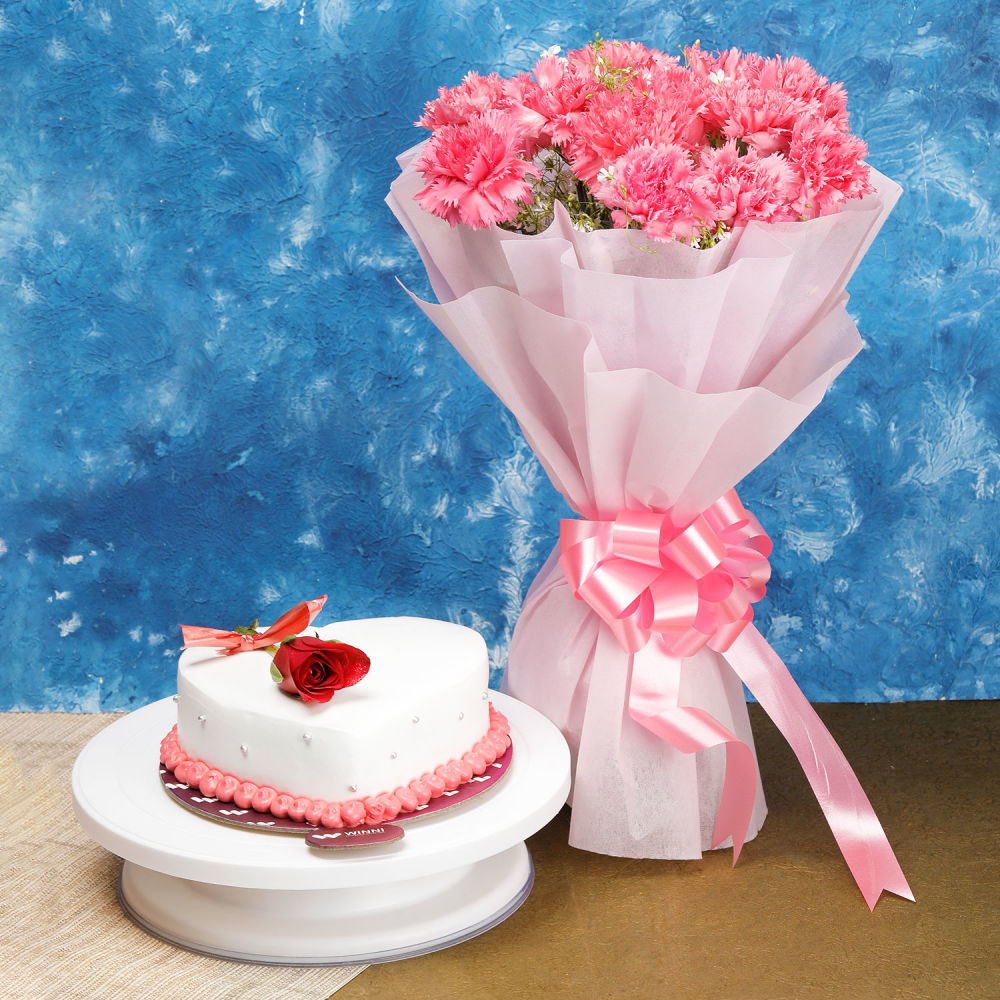 12 Pink Carnations And Vanilla Cake